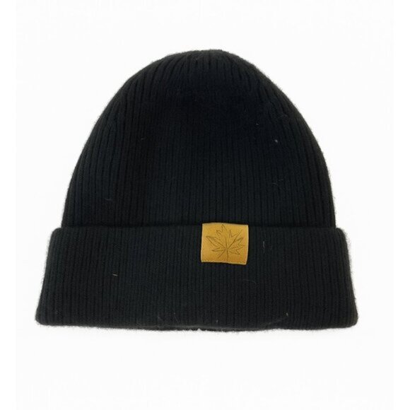 Maple Leaf Logo Unisex Black Beanie Ribbed Knit Hat for Pony Tails - Picture 1 of 4